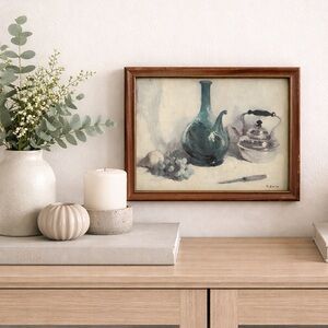 Vintage Still Life Painting with Brown Frame